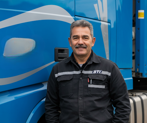 A truck driver from BTI Special Commodities in Iowa stands by his truck.